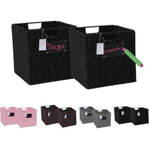 Set of 2 Storage Cubes Black Wicker Baskets Organizer 11" Bins Chalkboard Label